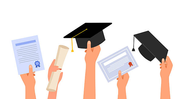 istock Set of hands holding diplomas, mortarboard hats and certificates, graduation celebration in flat design. Happy students celebrating graduate from college, university 2245427384