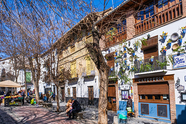 Tourists strolling in Calle Panaderos and Plaza Larga, in the historic core of Granada
