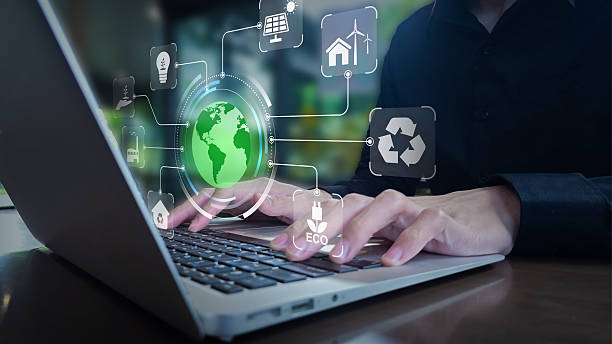 istock Digital Workspace with Eco Icons Representing Sustainable Technology and Global Impact 2245436367