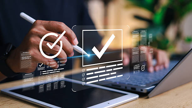 istock Businessman showing online document validation icon, quality assessment management With a checklist, business document evaluation process, market data report analysis and consulting. 2245438628