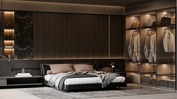 istock Elegant Dark Modern Minimalist Bedroom Interior with Frames Mockup and Soft Ambient Lighting – 3D Illustration 2245443263