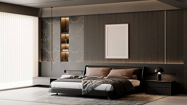 istock Elegant Dark Modern Minimalist Bedroom Interior with Frames Mockup and Soft Ambient Lighting – 3D Illustration 2245443335