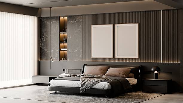 istock Elegant Dark Modern Minimalist Bedroom Interior with Frames Mockup and Soft Ambient Lighting – 3D Illustration 2245443349