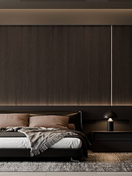 istock Elegant Dark Modern Minimalist Bedroom Interior with Frames Mockup and Soft Ambient Lighting – 3D Illustration 2245443383