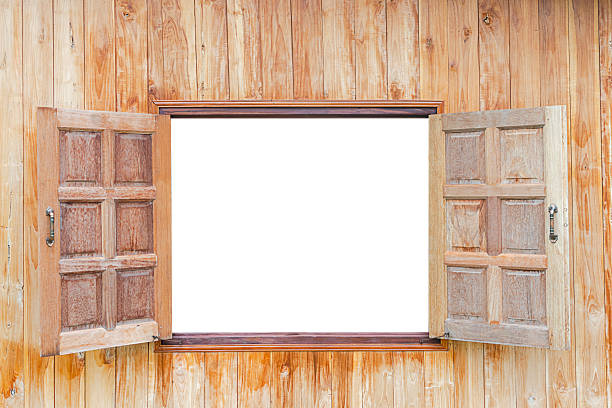 istock Vintage brown wooden window open isolated on white background 2245444396