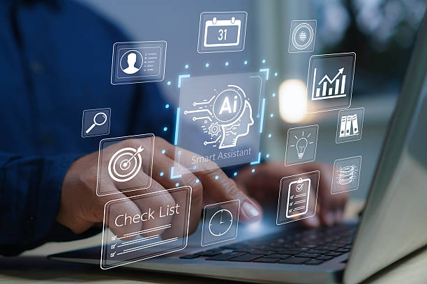 istock Businessman using laptop with AI smart assistant interface and digital icons automation, productivity, workflow management, data analysis, and technology innovation concept for business efficiency. 2245449172