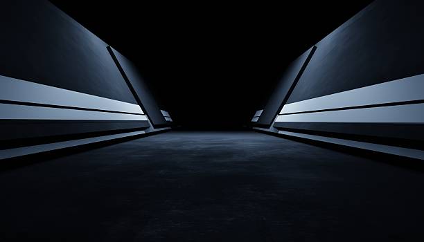 istock 3d rendering of white neon glowing spaceship corridor hallway dark background. Scene for advertising, showroom, technology, future, modern, E sport, game, garage. Sci Fi Illustration. Product display 2245451531