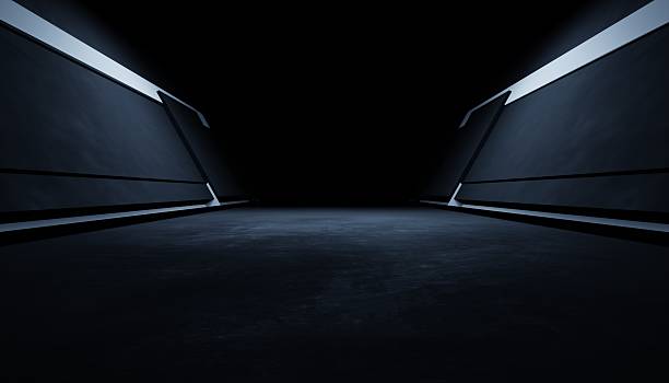istock 3d rendering of white neon glowing spaceship corridor hallway dark background. Scene for advertising, showroom, technology, future, modern, E sport, game, garage. Sci Fi Illustration. Product display 2245451533