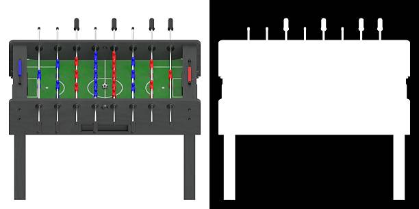 Red and blue foosball players are lined up on a table football game, ready for playing