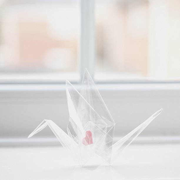 Origami crane folded from transparent acetate plastic with a red origamu heart nestled inside its body.