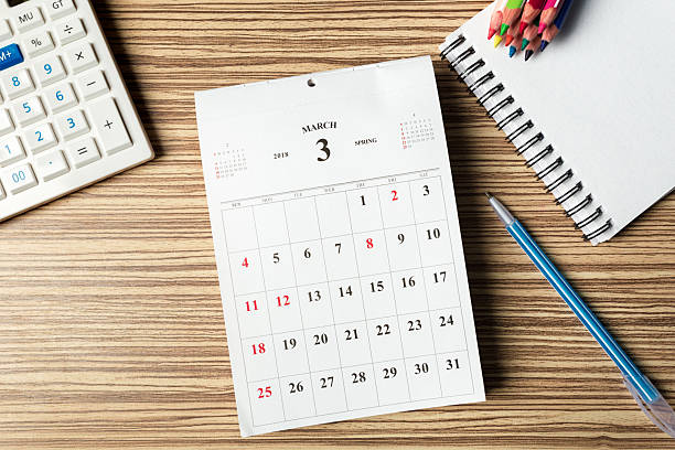 istock Desk calendar shows March 2019 with notes and tools for planning daily tasks and appointments 2245462833