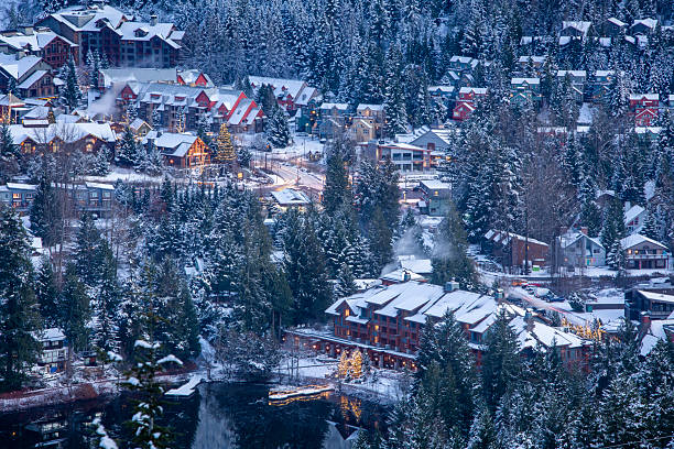 istock Snowcapped mountain, forest and village in winter 2245464339