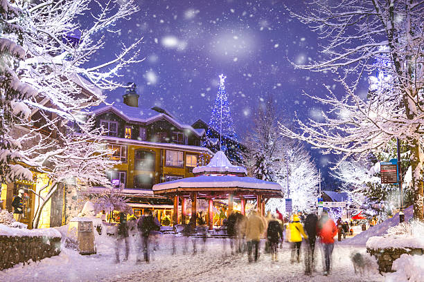 istock Pedestrian walkway in ski resort in snowstorm 2245464412