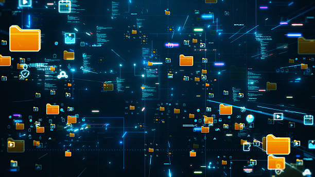 istock technology futuristic digital network visual showing glowing file folders and data icons floating in cyberspace, symbolizing data storage, file sharing, and cloud computing. 2245469315