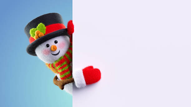 istock Smiling wool‑felt snowman with red mittens peeks from the right behind a white banner on blue studio background. 3d render illustration. 2245471513