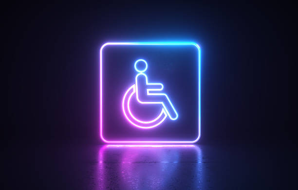 Neon disability symbol on black background. Horizontal composition. Accessibility for persons with disabilities concept.