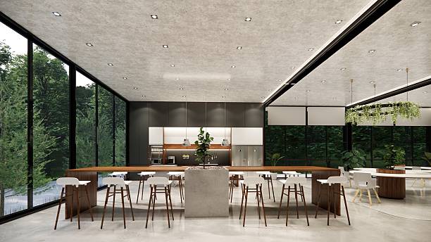 istock Modern Open Plan Office Space With Tables, Office Chairs, Creeper Plants And Manager Room. 2245476755