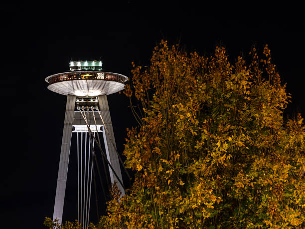 Bratislava, Slovakia - October 18, 2025: Night view of a modern suspension bridge in Bratislava with a UFO-shaped observation deck, illuminated by streetlights, surrounded by colorful trees in autumn.