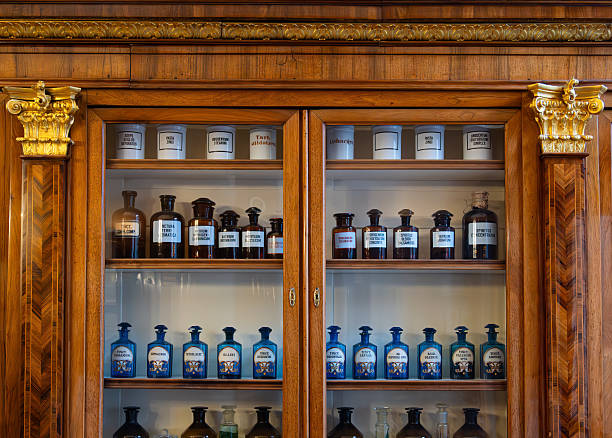 Old deployment of traditional Chinese medicine. Traditional Chinese medicine herbal, pharmacy.