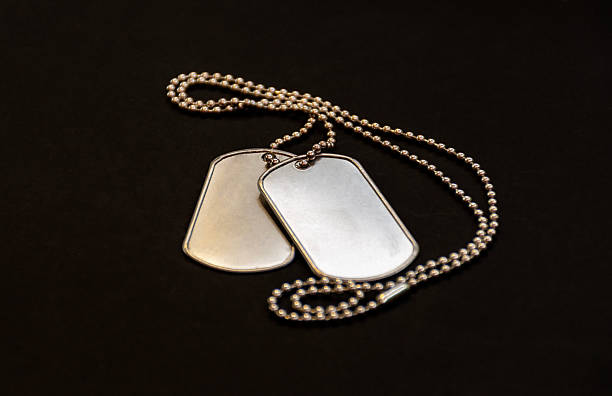istock Blank metal military dog tags on silver chain isolated on black surface 2245479609
