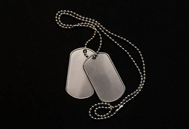 istock Blank metal military dog tags on silver chain isolated on black surface 2245479610