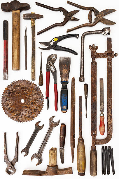 istock Flat lay of old hand tools on white background. 2245496956