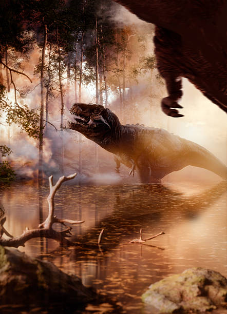 A large, realistic-looking statue of a Tyrannosaurus Rex dinosaur with its mouth open and teeth exposed, standing in an outdoor setting under a cloudy sky.
