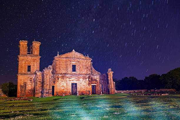 San Miguel das missoes church at night with the star trails, Posadas, Misiones province, Argentina