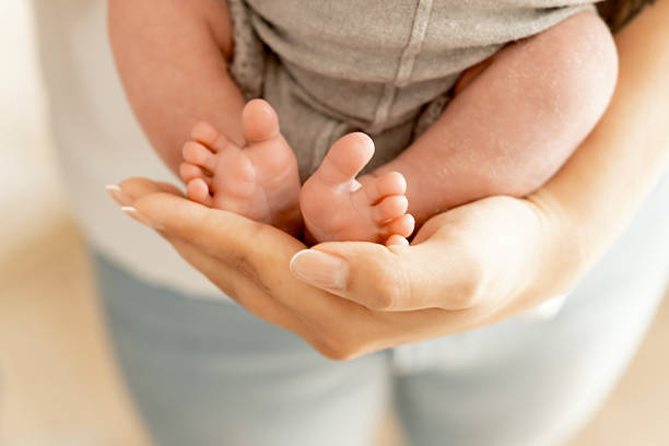 istock newborn baby legs on a white background in close-up, space for text 2245511799