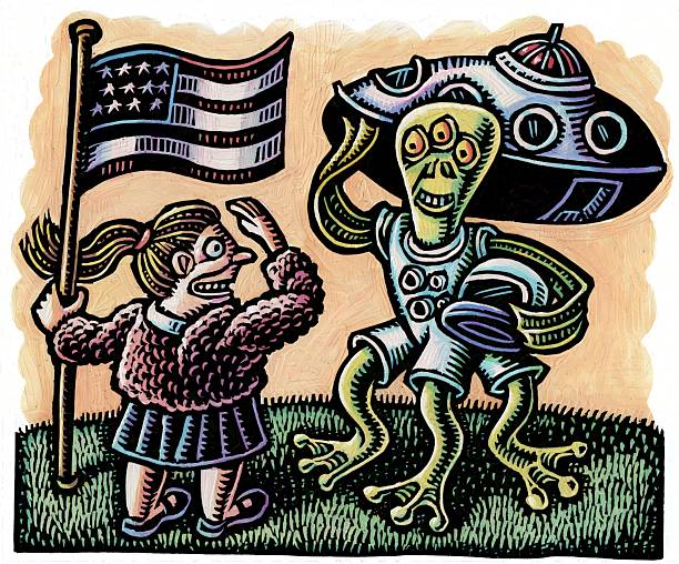 white girl with american flag greeting a green space alien with a salute