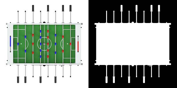 Close-up of colorful foosball players on a tabletop soccer game