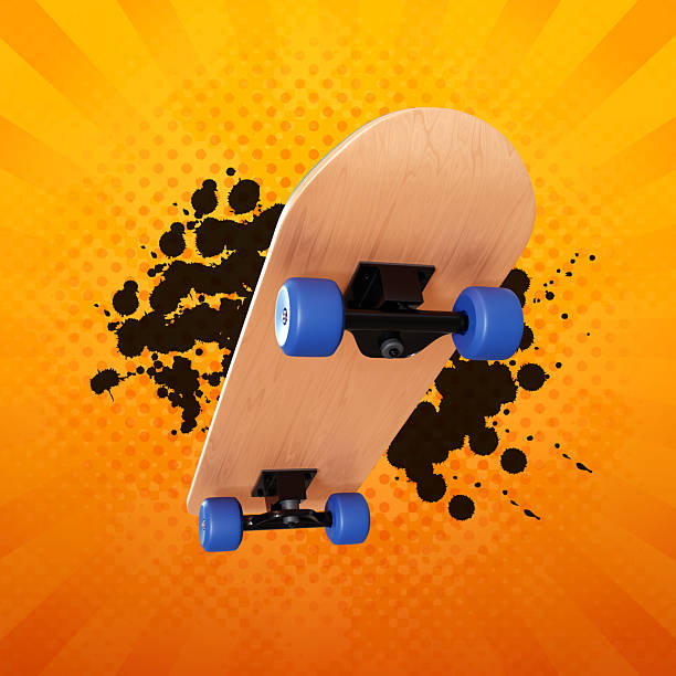 Skateboard on orange background with black splashes. Grunge style. 3d-rendering