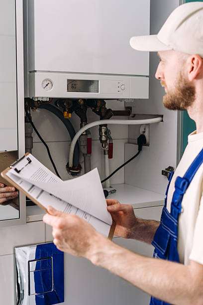istock Repairman performs maintenance on gas boiler in modern bathroom 2245548446