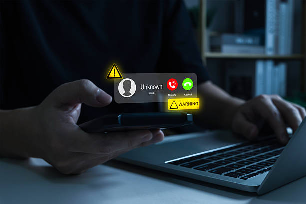 Fraud Alert. people receiving incoming call from unknown number, call center gang, hacker, scam alert, cybersecurity, fraud or phishing attack, warning signs, digital telecommunication concept