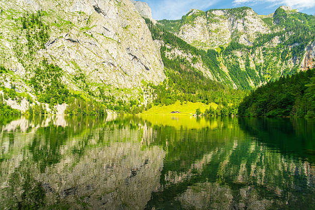 Lake with the color of clear green water at Obersee lake in the Nationalpark Berchtesgaden, Bavaria, Germany.