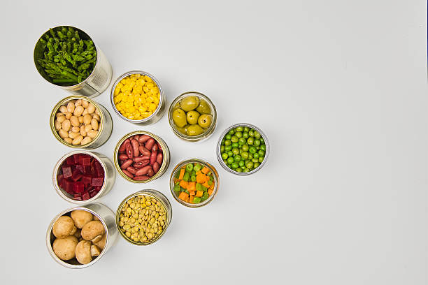 istock Assorted canned food in the foreground on a white background with copy space. 2245561244