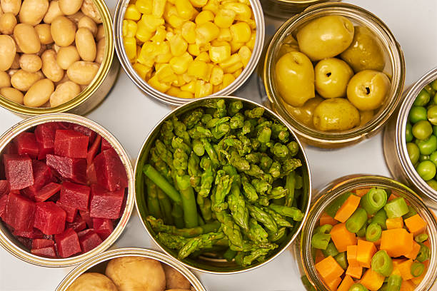 istock Assorted canned food in the foreground on a white background with copy space. 2245561249