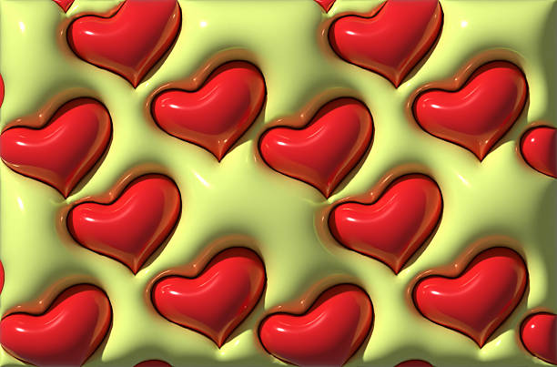 Redk inflated hearts on yellow background, 3D rendering illustration