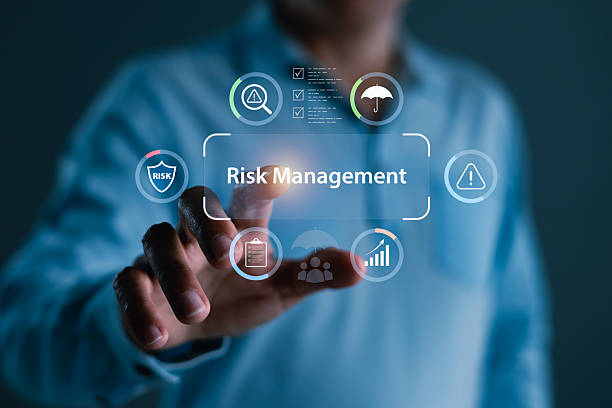 istock Risk management concept with futuristic digital interface, warning icons, shield symbol, checklist, growth analytics and umbrella icon for corporate protection strategy 2245594431