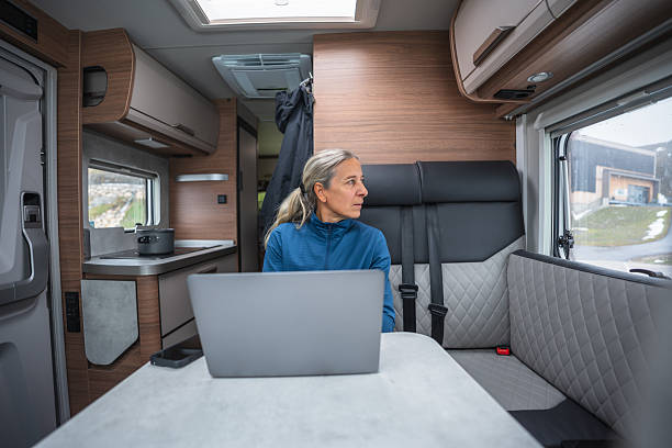 istock digital nomad, woman working from motor home 2245605172