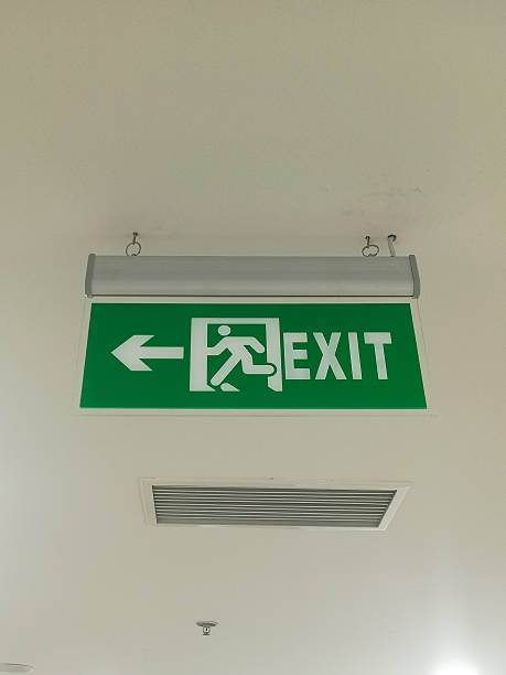 istock Green emergency exit sign with running figure and arrow 2245608461