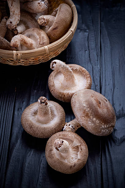 resh Shiitake Mushrooms in Wicker Basket on Dark Wooden Background