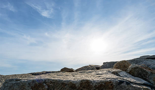 Rock Sea stones podium with texture surface on sky blue,clouds for product display background,Aerial view Edge Cliff Rock natural stone for cosmetic product present,Spa beauty design banner
