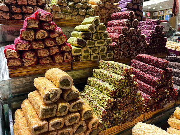 istock Colorful stacks of Turkish delight sweets inside the Grand Bazaar 2245617771