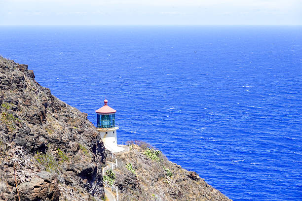 An iconic red roof lighthouse stands high on a steep cliff above the endless blue Pacific, captured in a vertical composition. The bright structure provides a strong focal point against the deep water and sky. This photograph is perfect for navigation themes, travel marketing, inspirational posters, and maritime safety concepts.