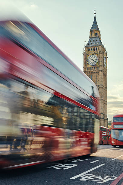 Westminster Bridge Big Ben and blurry red double decker bus in London