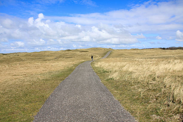 A long, winding gravel path leads through the expansive, grassy dunes of the De Muy nature reserve on the island of Texel, Netherlands. A single, distant hiker walks along the path towards the horizon under a wide blue sky with cumulus clouds, symbolizing freedom, journey, and exploration.