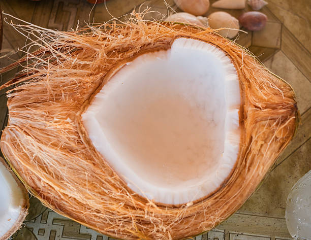 A close-up view of a cracked open coconut shell, showing the brown husk and the white meat inside.