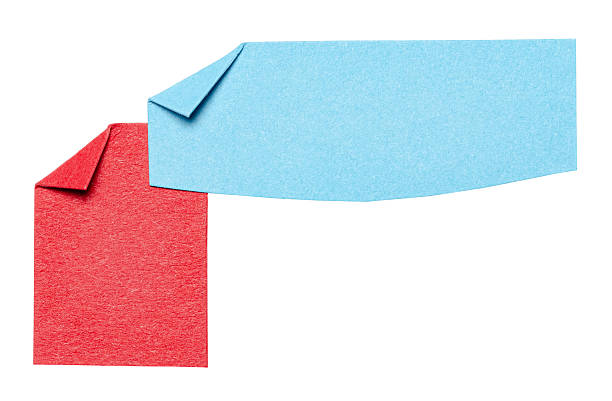 Two blue red overlapping blank paper memo reminder notes with folded edge dog-ear earmark and copy space for text on white background