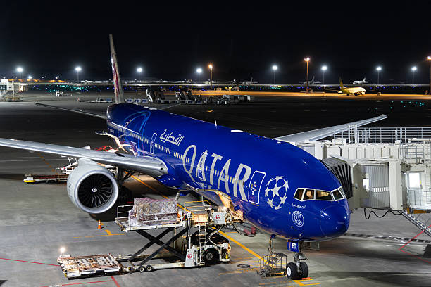 Narita, Japan - November 6, 2025 : Qatar Airways Boeing 777-300ER with UEFA Champions League Livery at Narita International Airport in Japan.